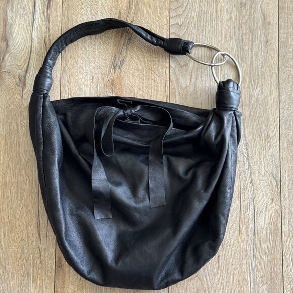 Lolli Black Genuine Leather Silver O Ring Squishy Dumpling Large Hobo Sling Bag - Picture 8 of 12